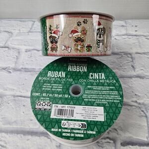 50 yards Holiday Dogs Wire Edge Ribbon Santa Hats Bones Presents Snowflakes Pups